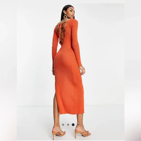 ASOS- Tall maxi dress with lace up back detail in orange - Picture 2 of 5